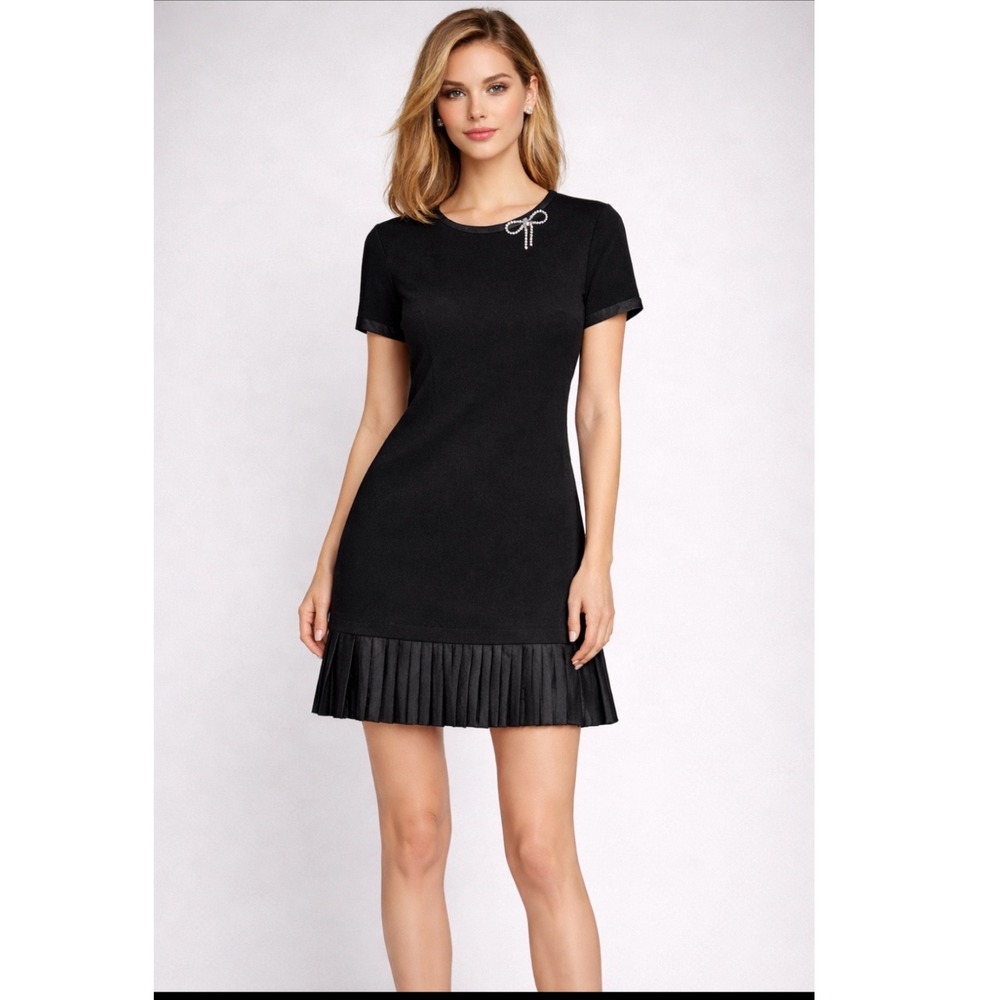 Karl Lagerfeld Paris Black Pleated Hem Shift Dress Rhinestone Bow Brooch Size 10